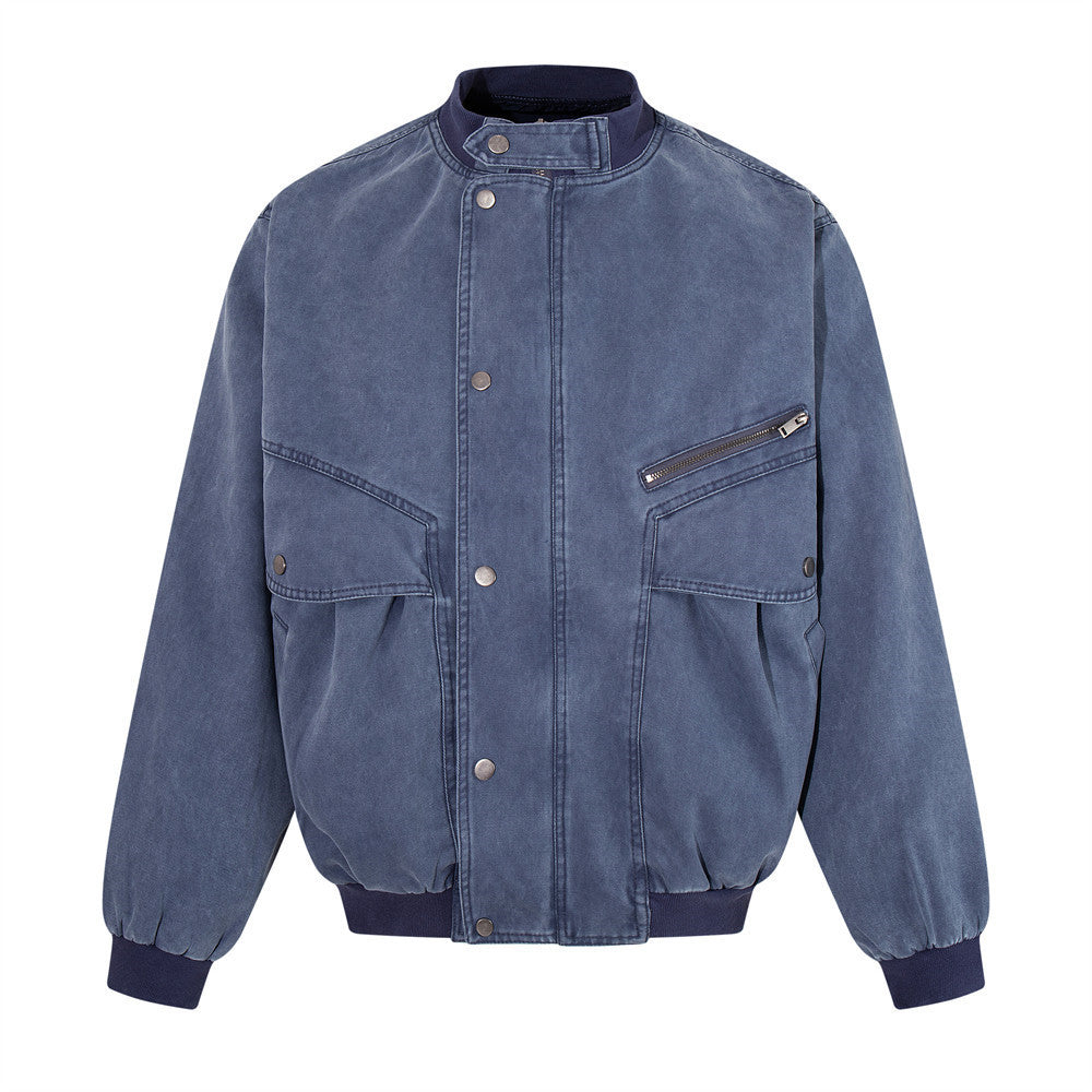 Blouson bomber homme oversize en toile délavée bleu acier avec col montant, fermeture à boutons-pression et grandes poches cargo