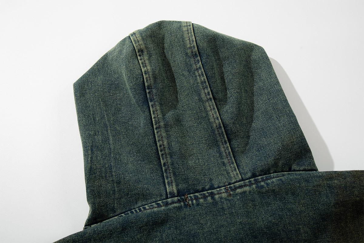 Boxy Washed Denim Hoodie Jacket with 88 Embroidered Patches
