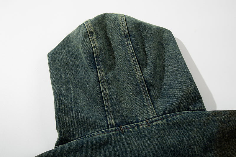 Boxy Washed Denim Hoodie Jacket with 88 Embroidered Patches