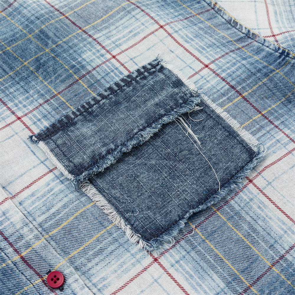 Oversized Washed Plaid Long Sleeve Shirt with Denim Patch Detail