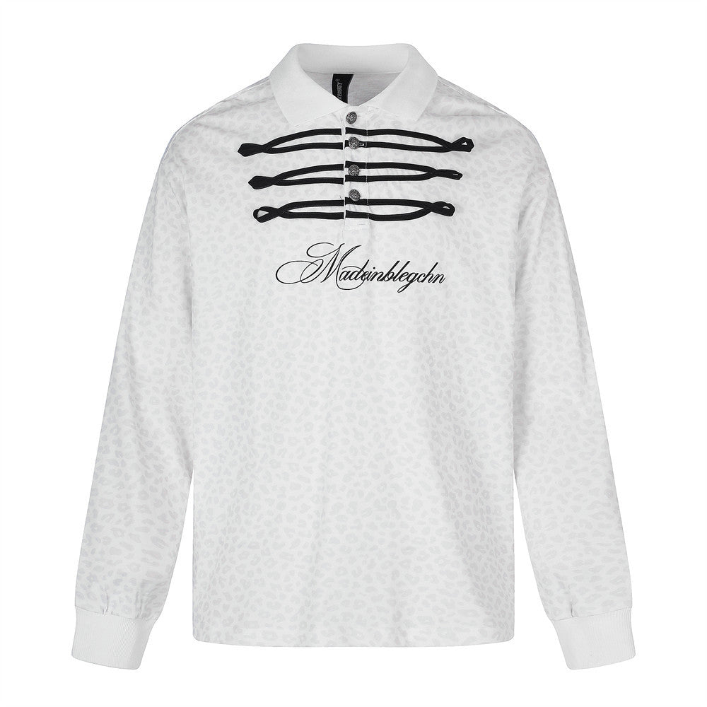 White Long Sleeve Polo Shirt with Leopard Texture, Stripe Collar & Ribbon Detail