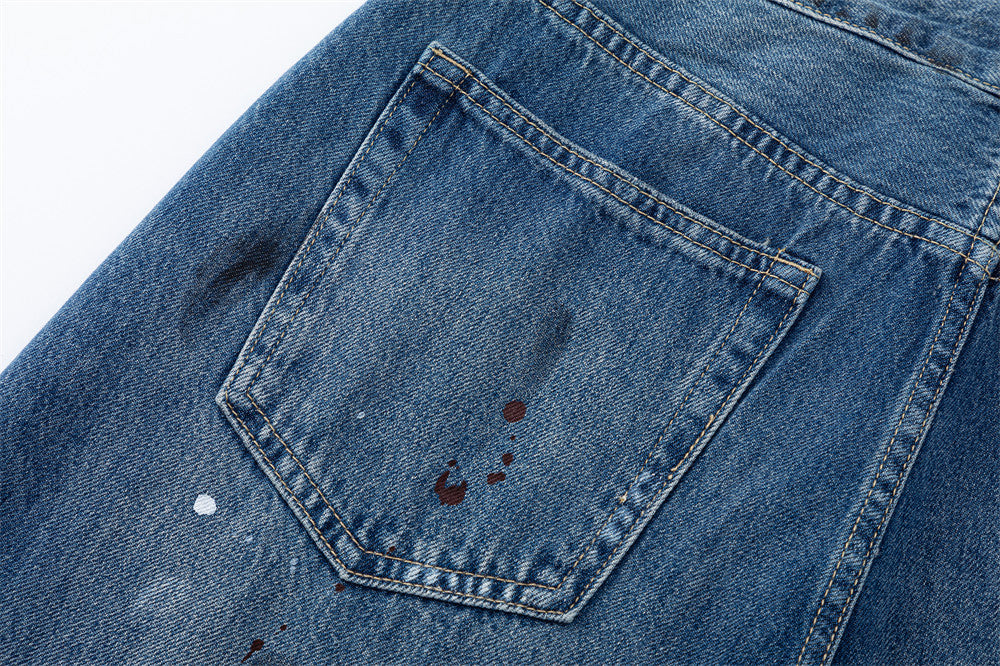 Wide-Leg Distressed Jeans with Paint Splatter & Ripped Knees – Vintage Punk