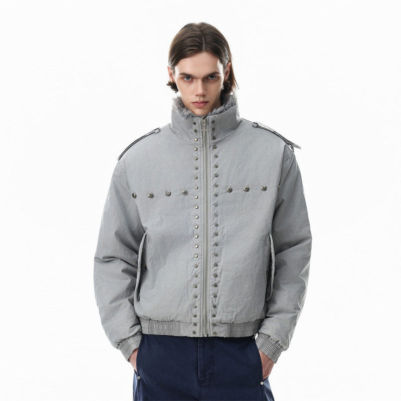 Men's Studded Bomber Jacket with Faux Fur Collar – High Street Winter Coat