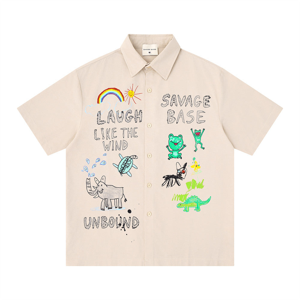 Beige short sleeve button-up shirt front view with colorful cartoon animal and text print