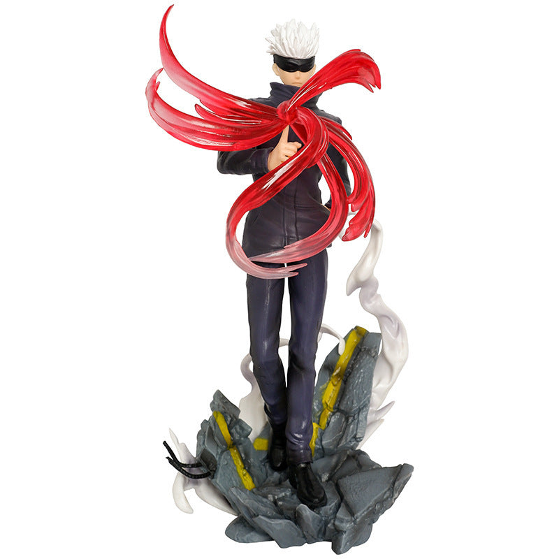 A Jujutsu Kaisen Gojo Satoru PVC Figure, 28.5 cm, showcases a dynamic battle pose with red cursed technique. It stands on rocky terrain, wearing a black outfit and sunglasses, with red translucent ribbons swirling around its arms and white smoky trails beneath.