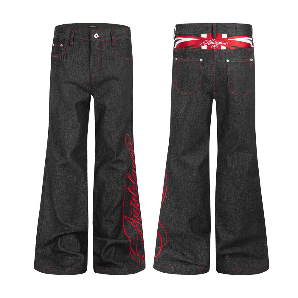 Herren-Flare-Jeans in Schwarz mit roter Script-Stickerei – Wide Leg aus Raw Denim