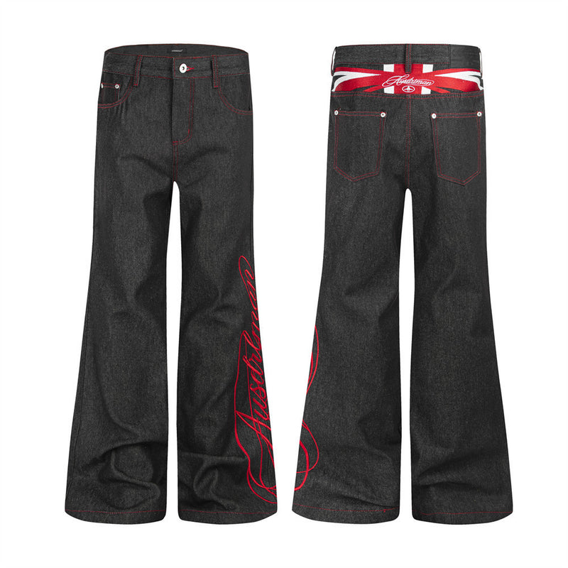 Herren-Flare-Jeans in Schwarz mit roter Script-Stickerei – Wide Leg aus Raw Denim