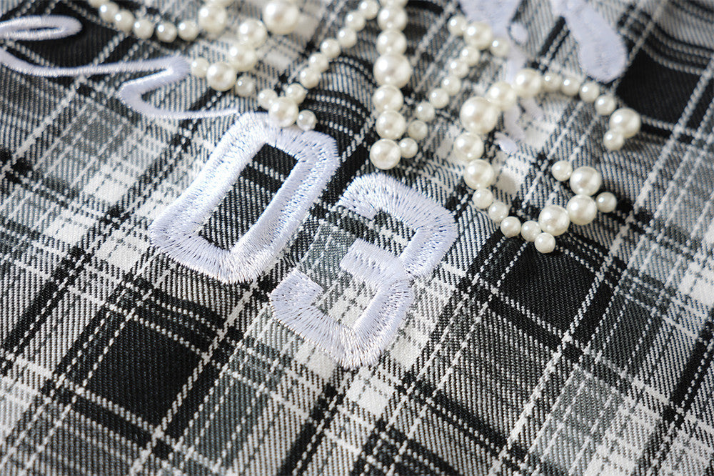 Plaid Short-Sleeve Shirt with Pegasus Embroidery & Studded Lettering