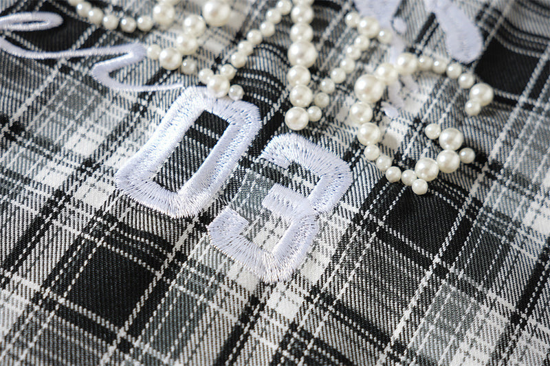 Plaid Short-Sleeve Shirt with Pegasus Embroidery & Studded Lettering