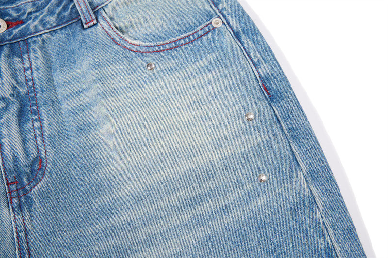 Men's Distressed Wide-Leg Flare Jeans with Stud Details – Washed Blue