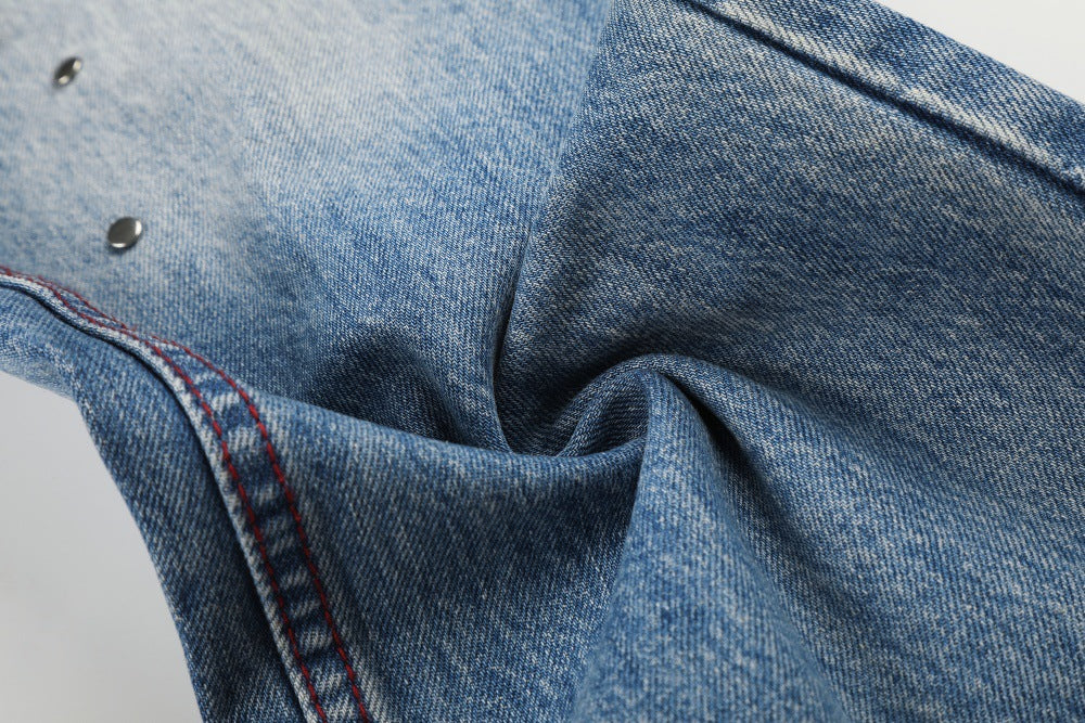 Gradient Washed Distressed Wide-Leg Jeans with Rhinestone Studs