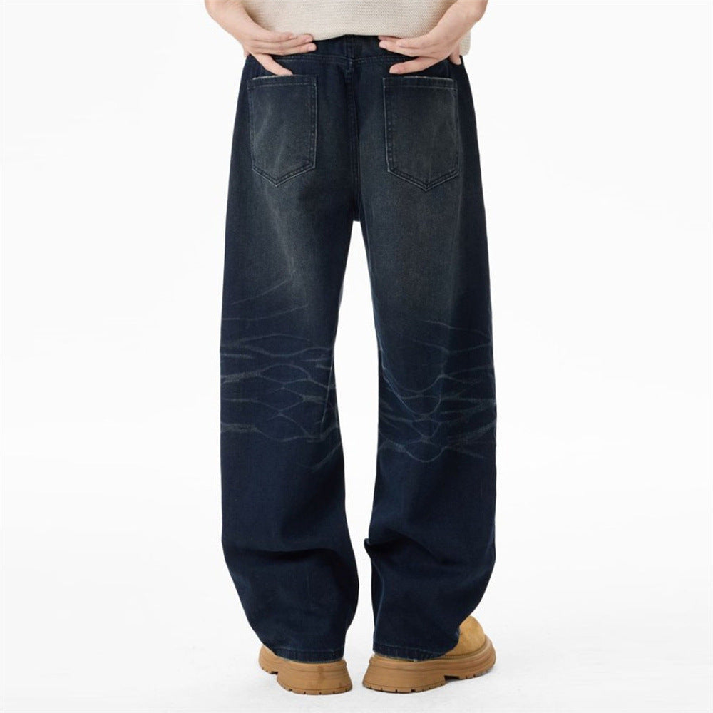 Men's Dark Wash Ripped Wide-Leg Jeans – Distressed Streetwear Denim