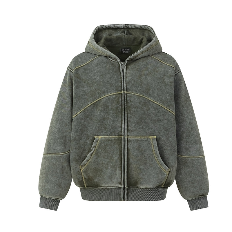 Zip Up Fleece Hoodie – Acid Wash Oversized Contrast Stitch
