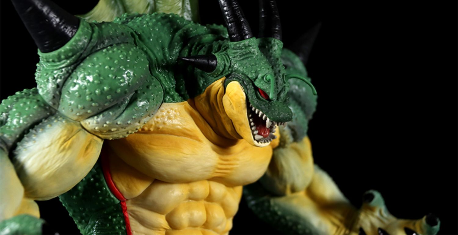 The Seakoff Shenron Broly Collectible Figure is a premium 37cm Dragon Ball Z action figure with green scaly skin, black horns, red eyes, sharp teeth, and a yellow underbelly set against a black background—an ultimate collectible for fans.