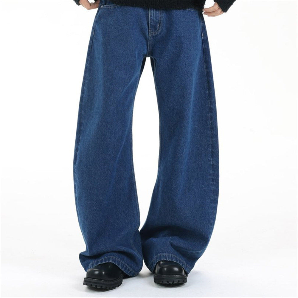 Men's Loose Fit Wide-Leg Jeans – Curved Baggy Silhouette in Dark Blue
