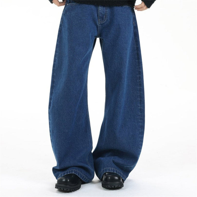 Men's Loose Fit Wide-Leg Jeans – Curved Baggy Silhouette in Dark Blue