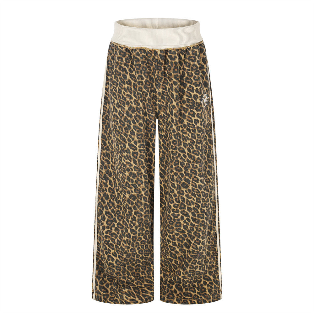Leopard Print Wide-Leg Track Pants – Loose Fit Streetwear Sweatpants with Side