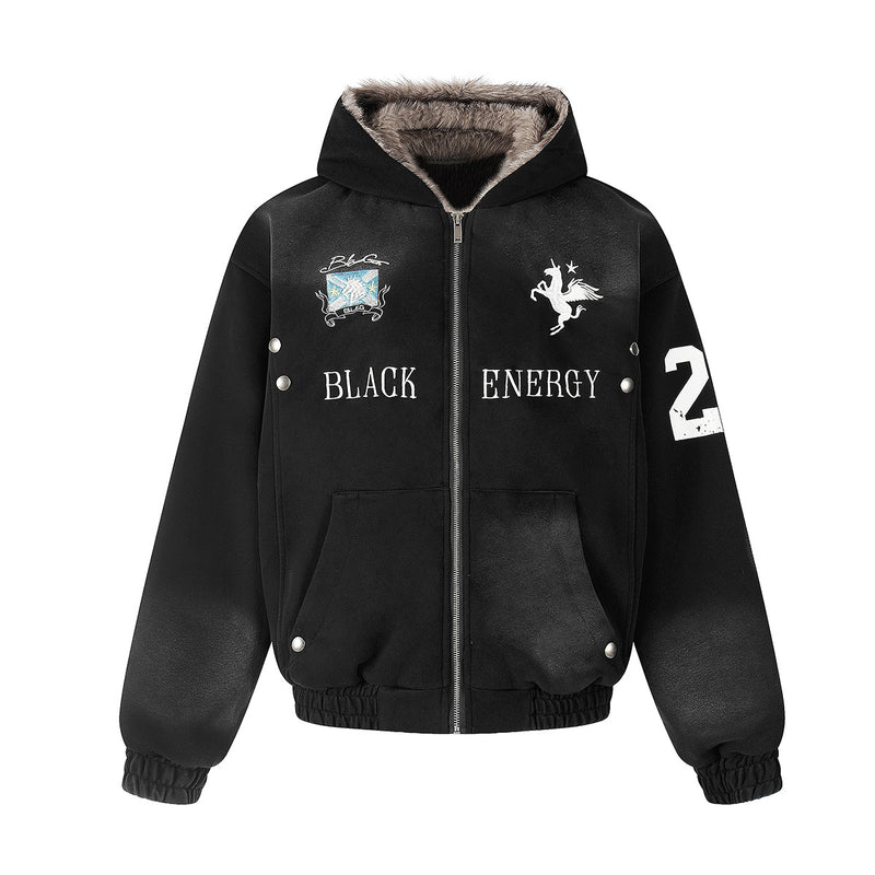 Black Energy Faux Fur-Lined Hooded Bomber Jacket – Washed Fleece Winter Coat