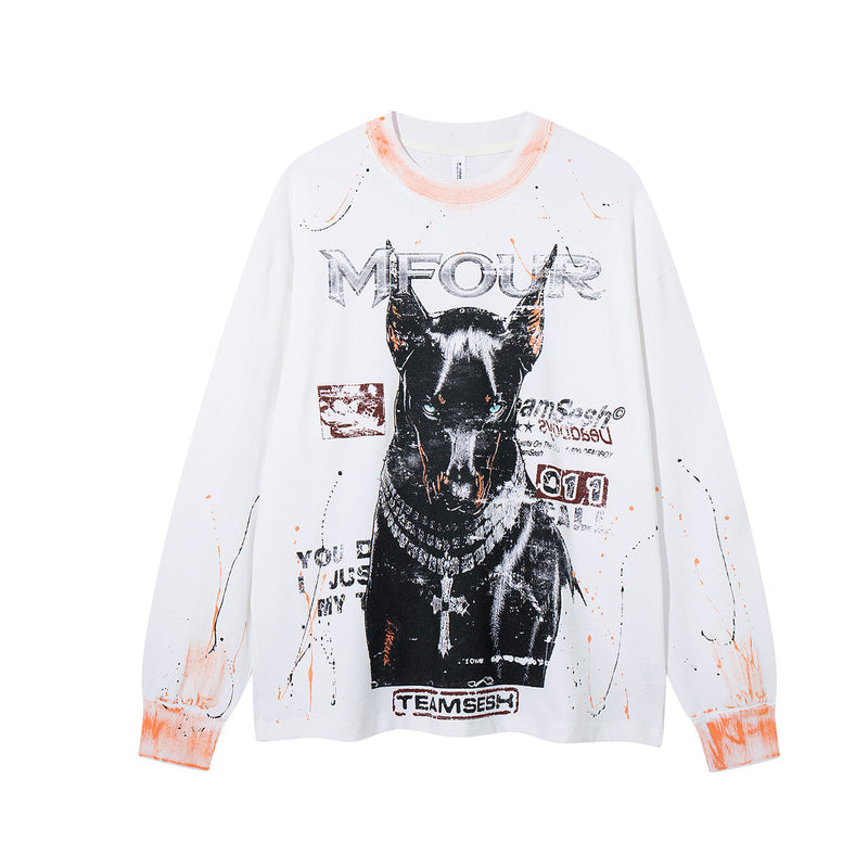MFOUR Doberman Graphic Long Sleeve Shirt – Streetwear Paint Splatter Tee