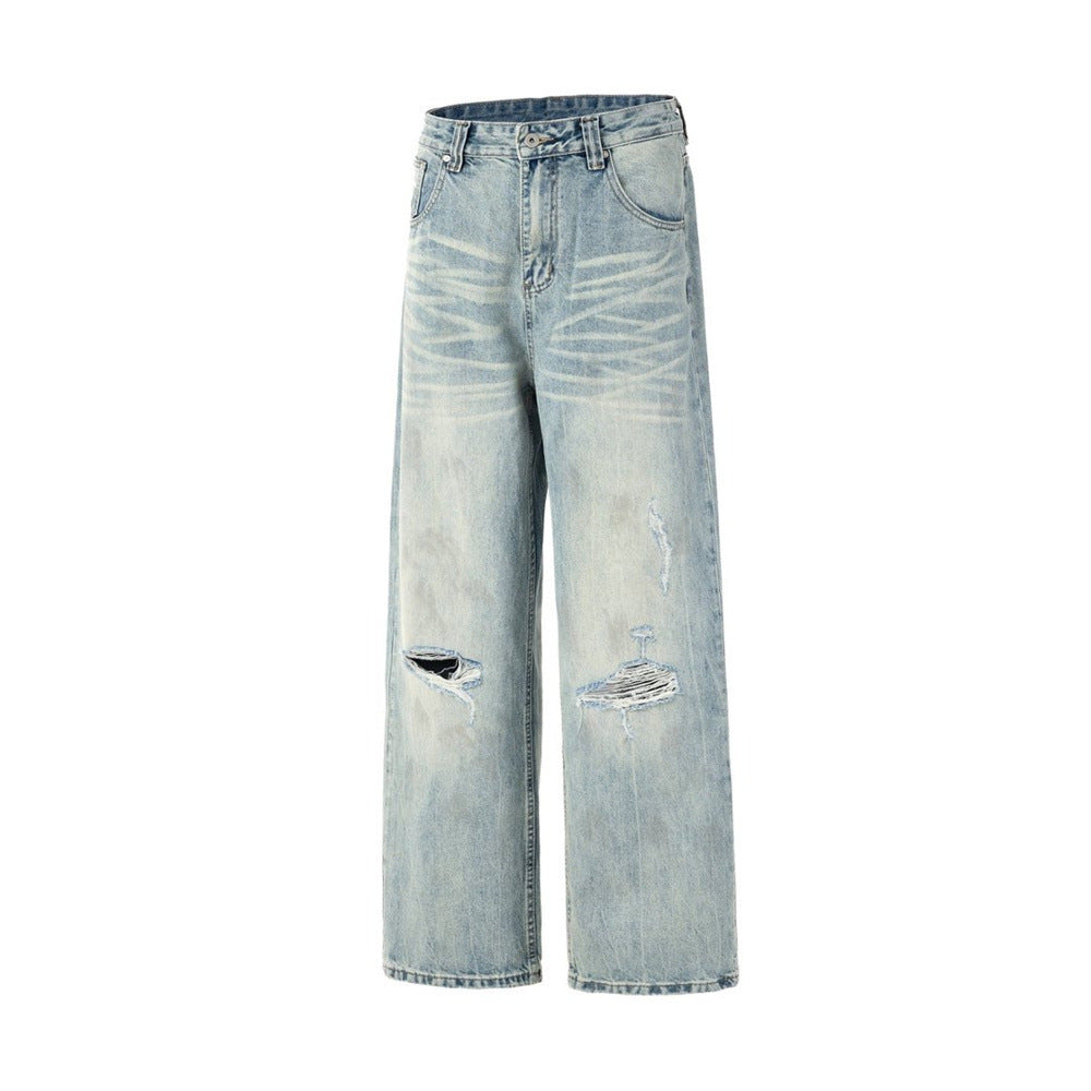 Wide-Leg Distressed Jeans – Light Wash Vintage Ripped Straight Denim