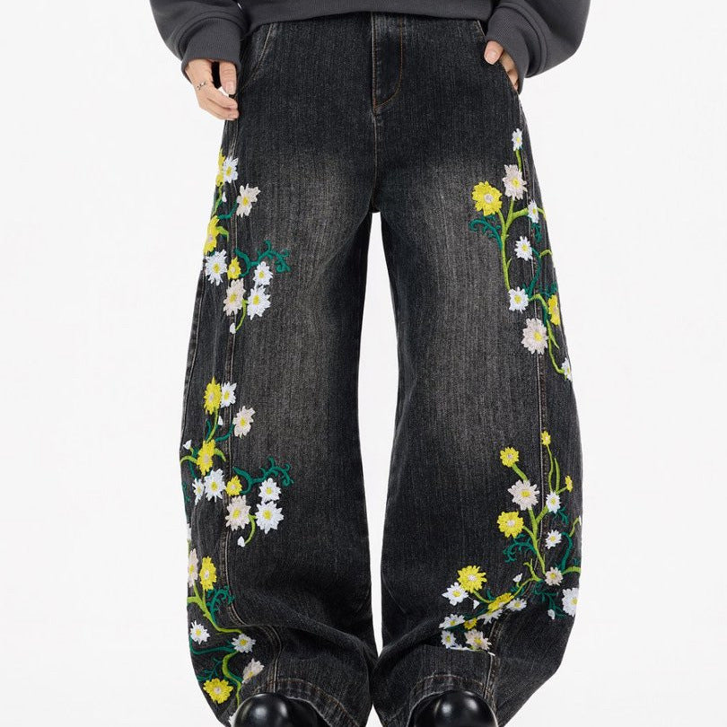 Floral Embroidered Wide-Leg Jeans – Men's Barrel Fit Washed Denim