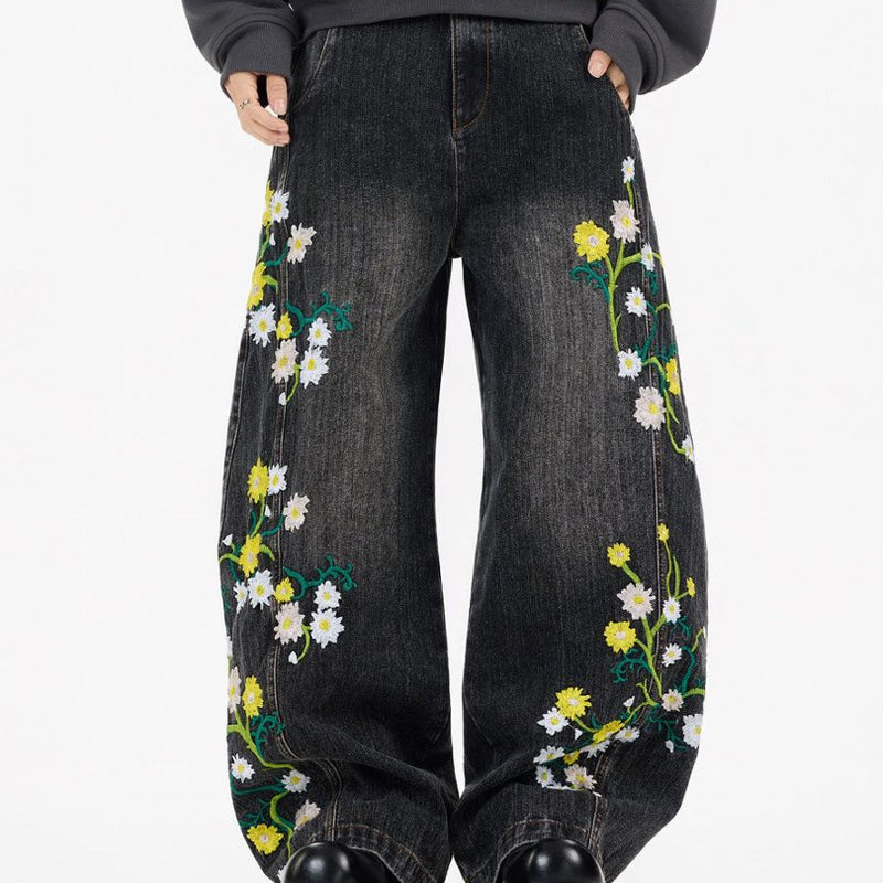 Floral Embroidered Wide-Leg Jeans – Men's Barrel Fit Washed Denim