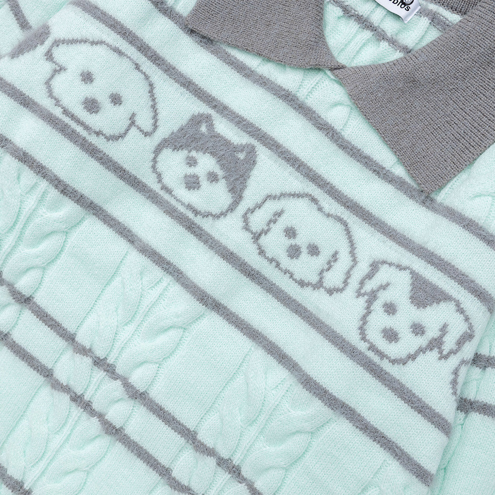 Gestreifter Zopfstrickpullover mit Polokragen – Cartoon-Hunde-Jacquard
