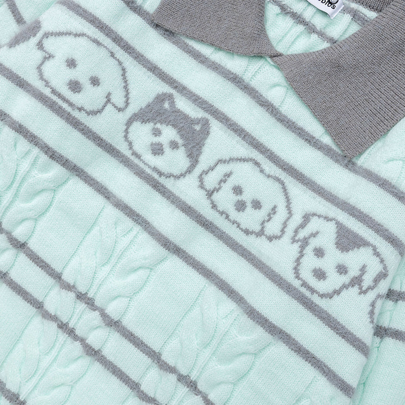 Gestreifter Zopfstrickpullover mit Polokragen – Cartoon-Hunde-Jacquard