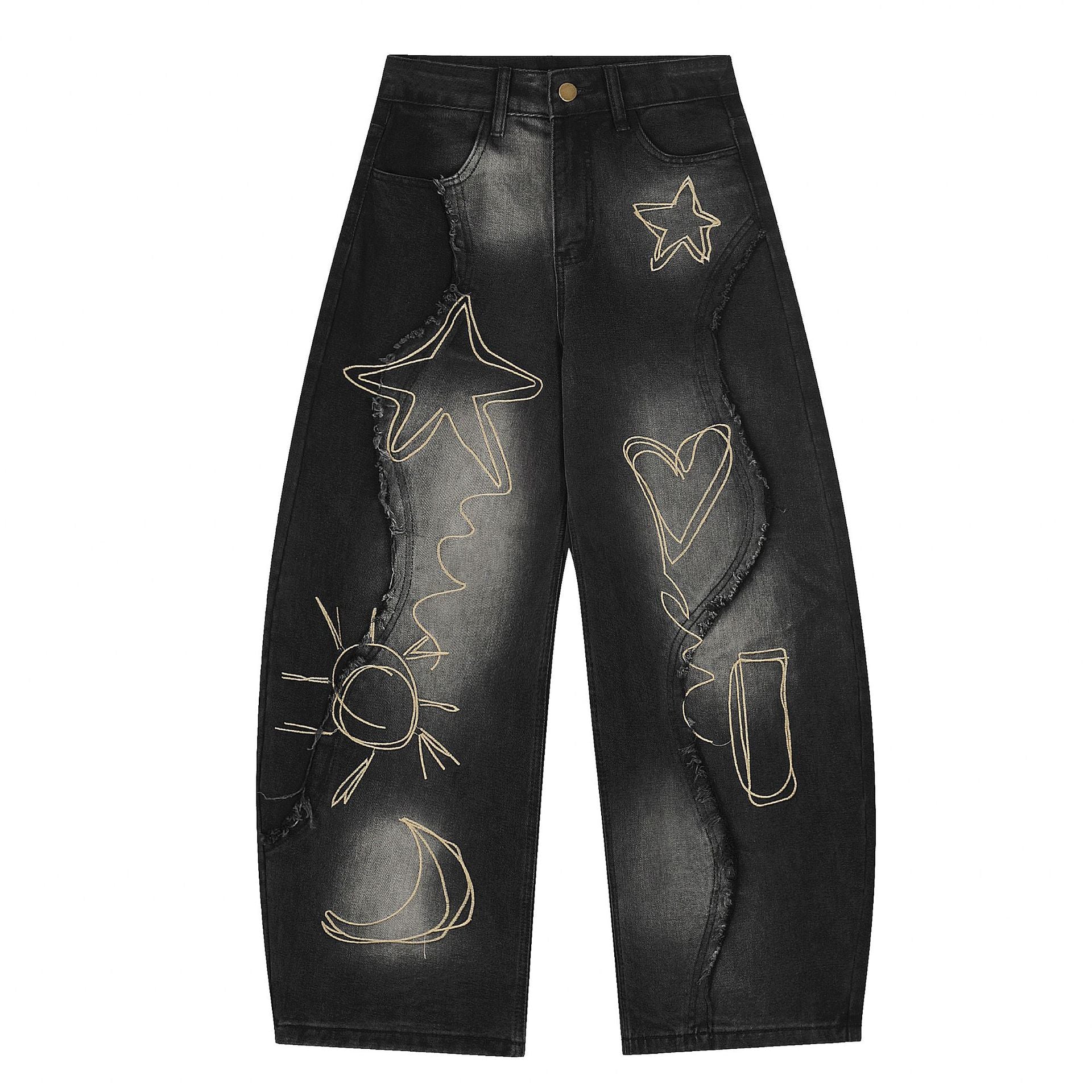 Baggy Jeans with Celestial Embroidery, Raw-Edge Seam & Wide Leg — Unisex Vintage