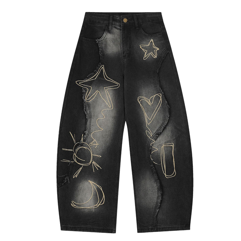 Baggy Jeans with Celestial Embroidery, Raw-Edge Seam & Wide Leg — Unisex Vintage