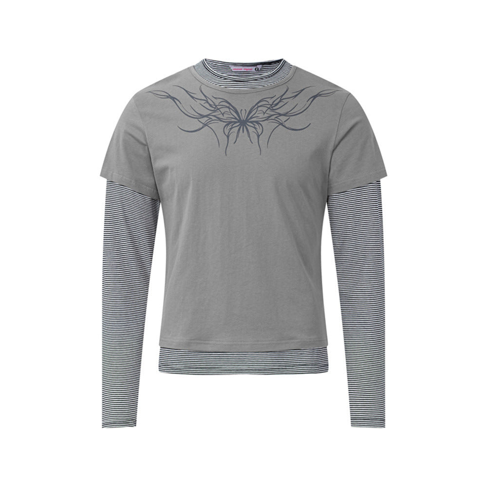 T-shirt graphique gris pour homme – Manches rayées superposées, imprimé tribal et manches longues