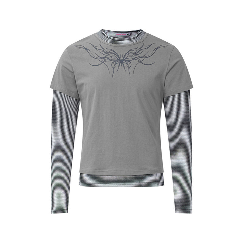 T-shirt graphique gris pour homme – Manches rayées superposées, imprimé tribal et manches longues