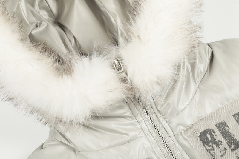 Blouson bomber matelassé court à col en fourrure – Manteau d’hiver à capuche et écussons graphiques