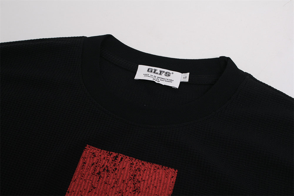 Oversized Long Sleeve T-Shirt with Red Cross & Letter Print, Waffle-Knit