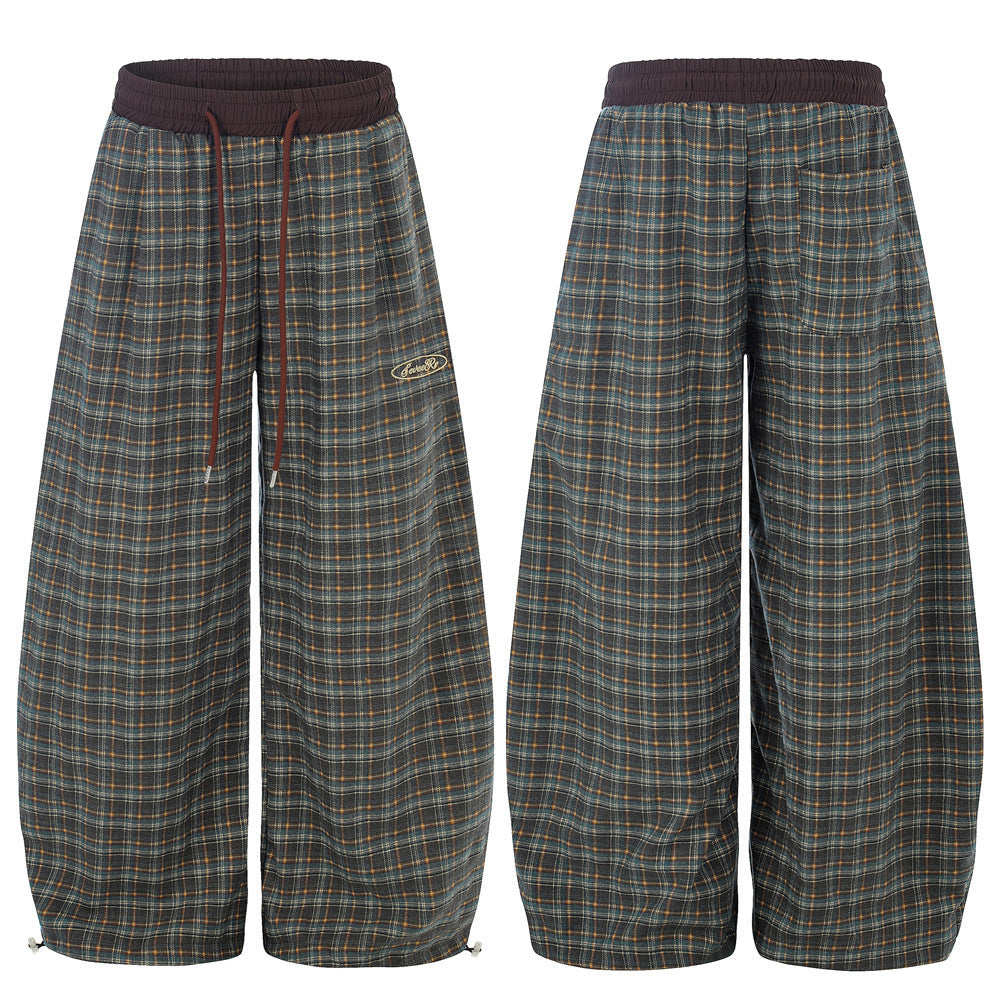 Vintage Plaid Wide-Leg Pants – Oversized Baggy Trousers with Elastic Waist