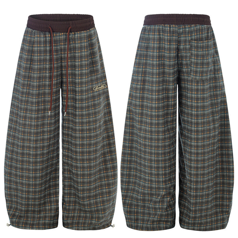 Vintage Plaid Wide-Leg Pants – Oversized Baggy Trousers with Elastic Waist