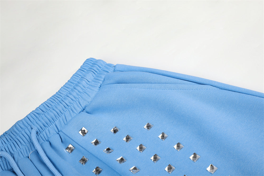 Wide-Leg Sweatpants with Square Stud Embellishments and Drawstring Waist
