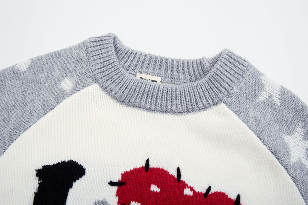 Pull marron à col rond – Maille color-block chats cartoon et étoiles