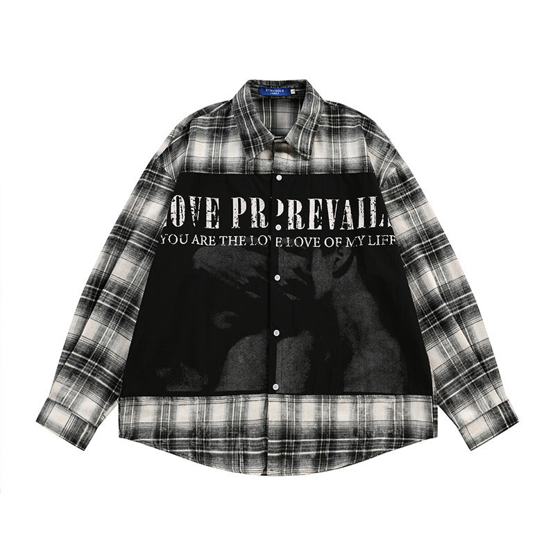 Long Sleeve Button Shirt – Plaid Patchwork Graphic Print Oversized Flannel