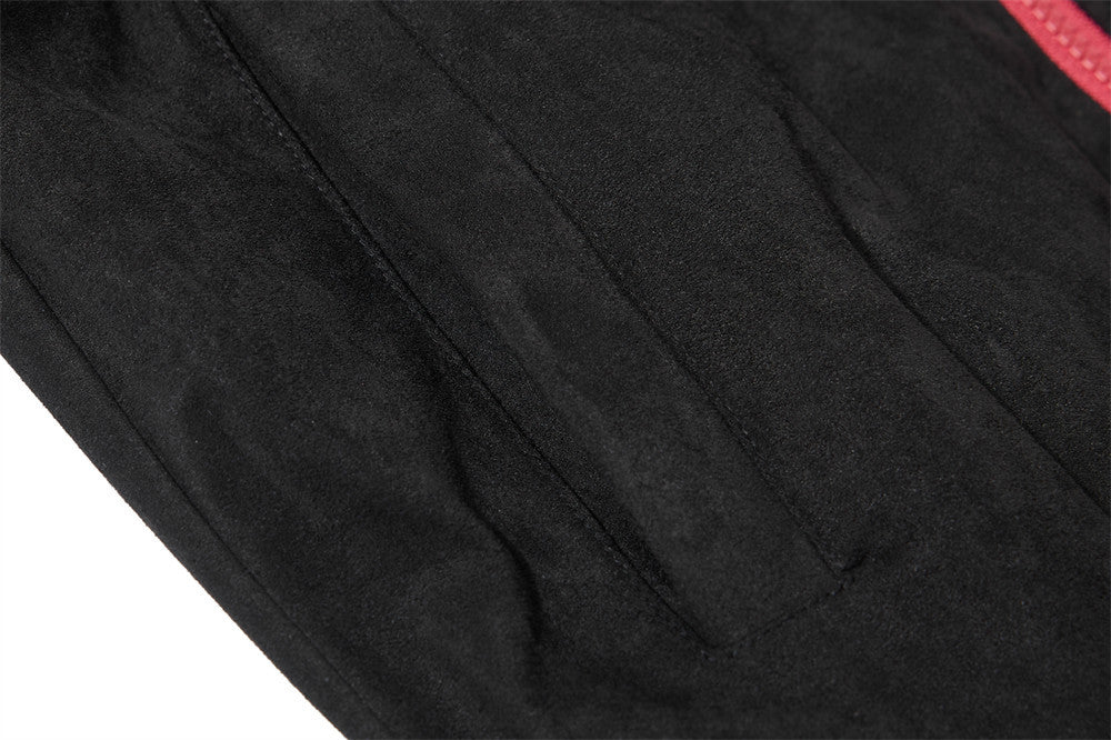 Suede Bomber Jacket Men's Black Embroidered Stand-Collar Track Jacket