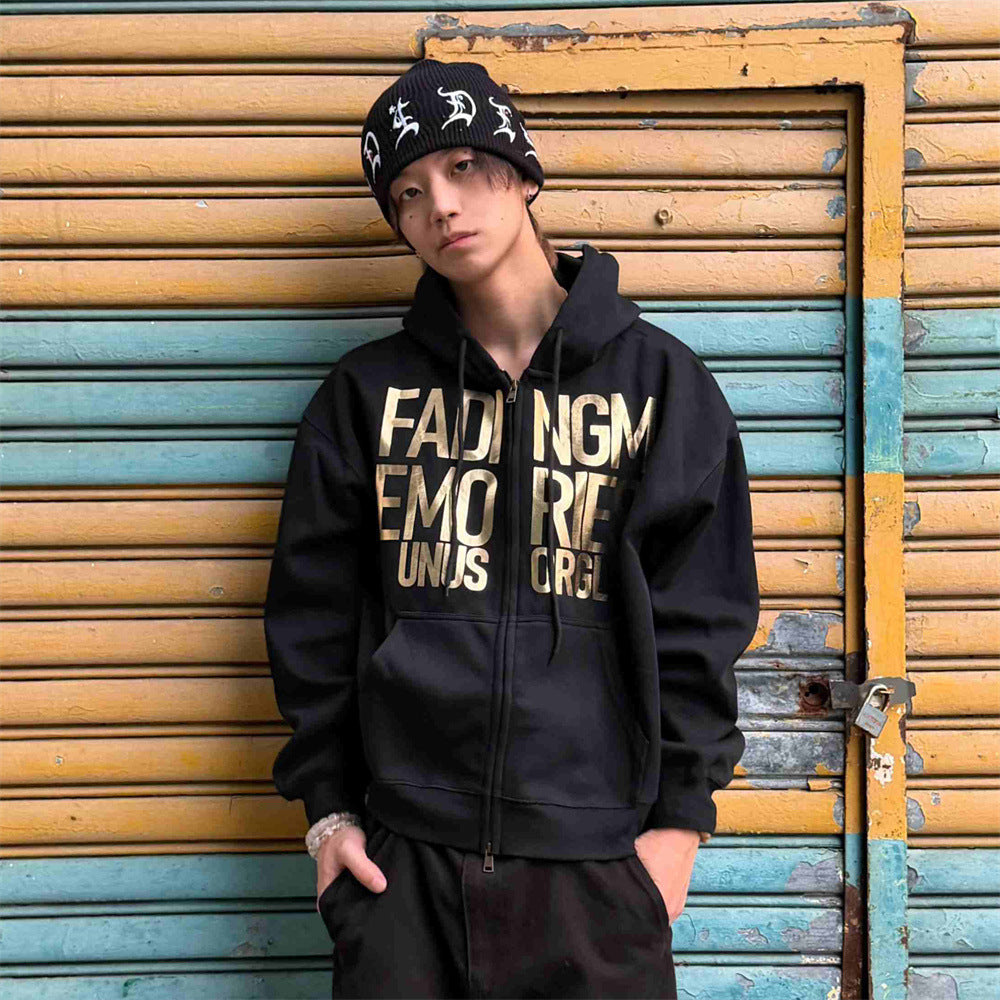 Sweat à capuche zippé Fading Memories à imprimé lettering – Sweatshirt streetwear hip-hop