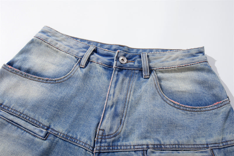 Ripped Wide-Leg Denim Shorts – Pink Thread Distressed, Washed Blue