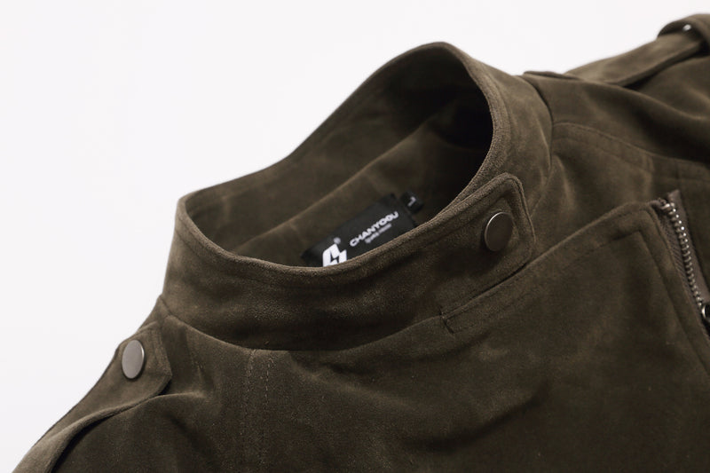 Suede Moto Biker Jacket – Cropped Stand Collar Asymmetric Zip