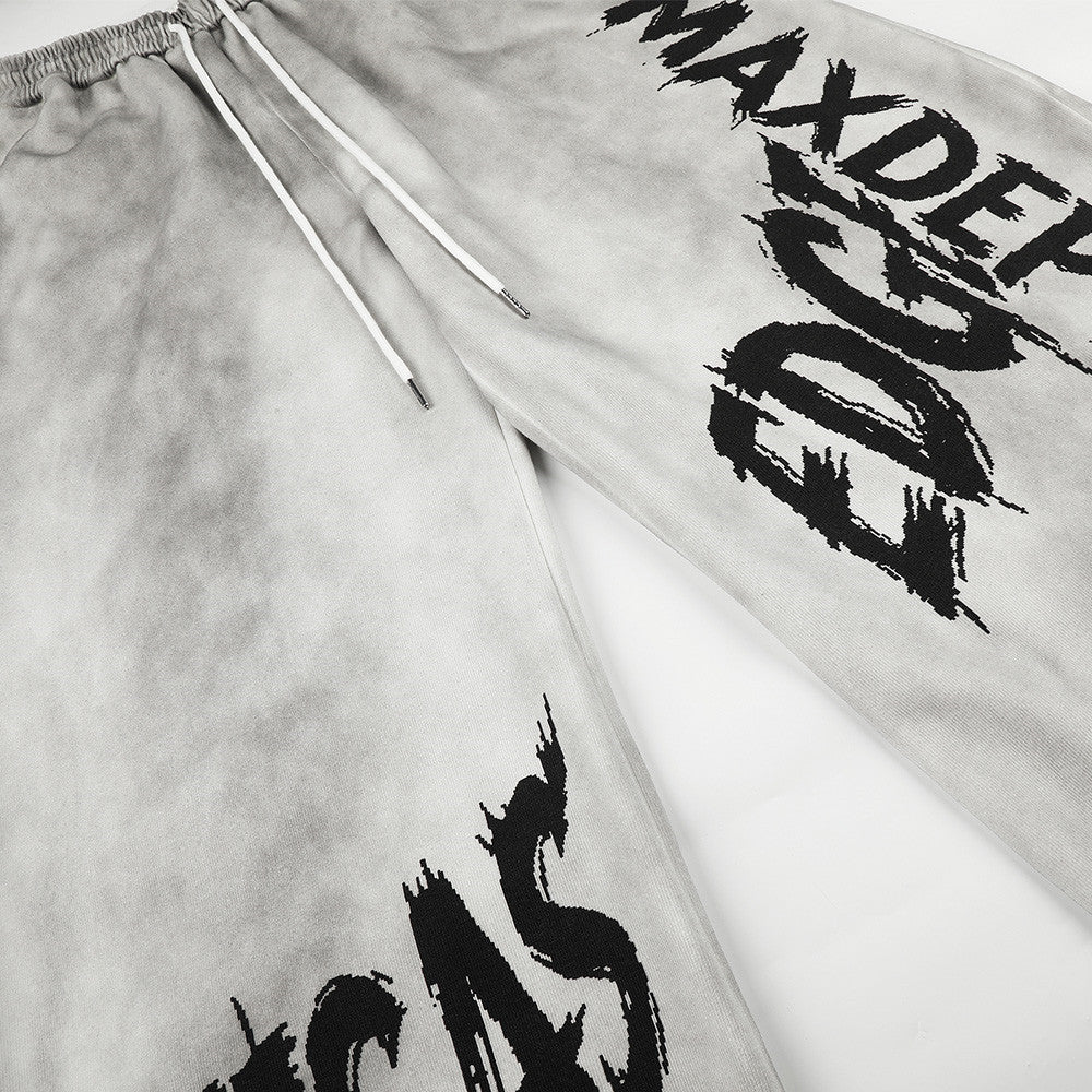 Wide-Leg Graffiti Print Sweatpants – Washed Gray Baggy Jogger Pants for Men