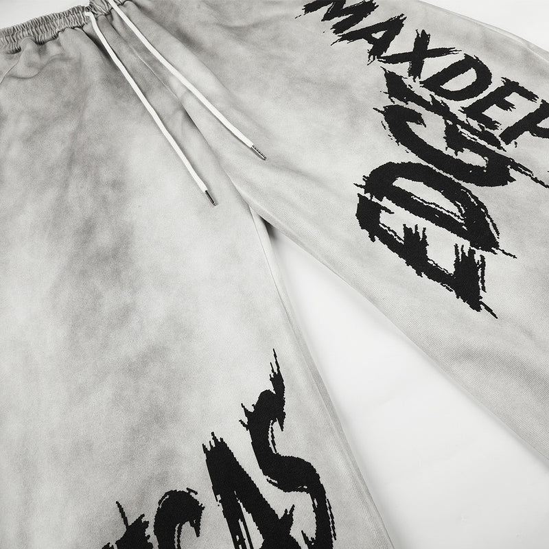 Wide-Leg Graffiti Print Sweatpants – Washed Gray Baggy Jogger Pants for Men