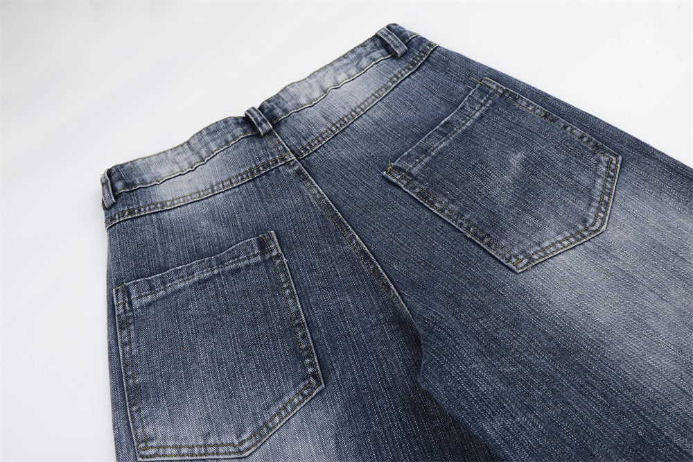 Vintage Washed Wide-Leg Jeans with Star Rhinestone Detail
