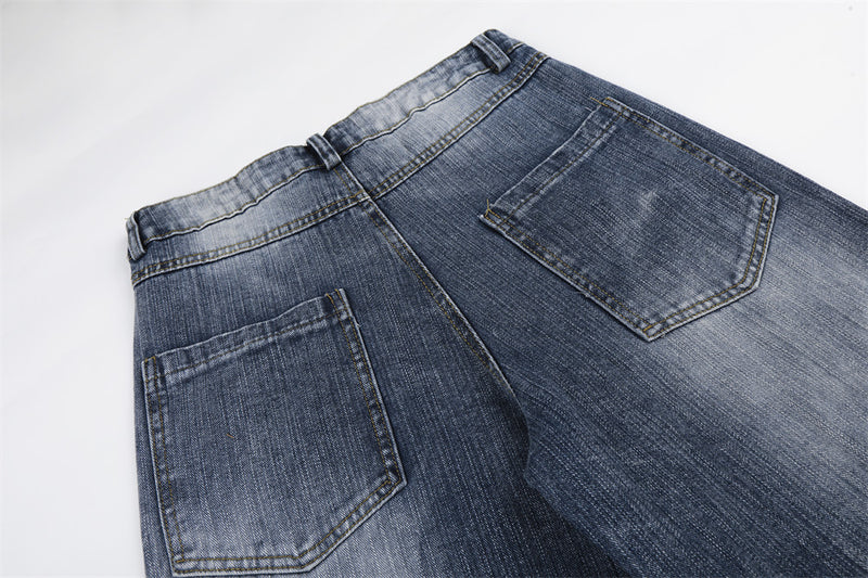 Vintage Washed Wide-Leg Jeans with Star Rhinestone Detail