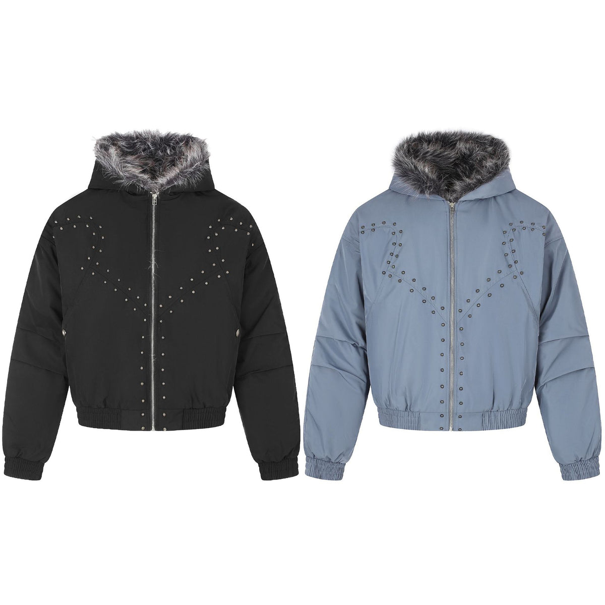 Studded Puffer Bomber Jacket with Faux Fur Hood
