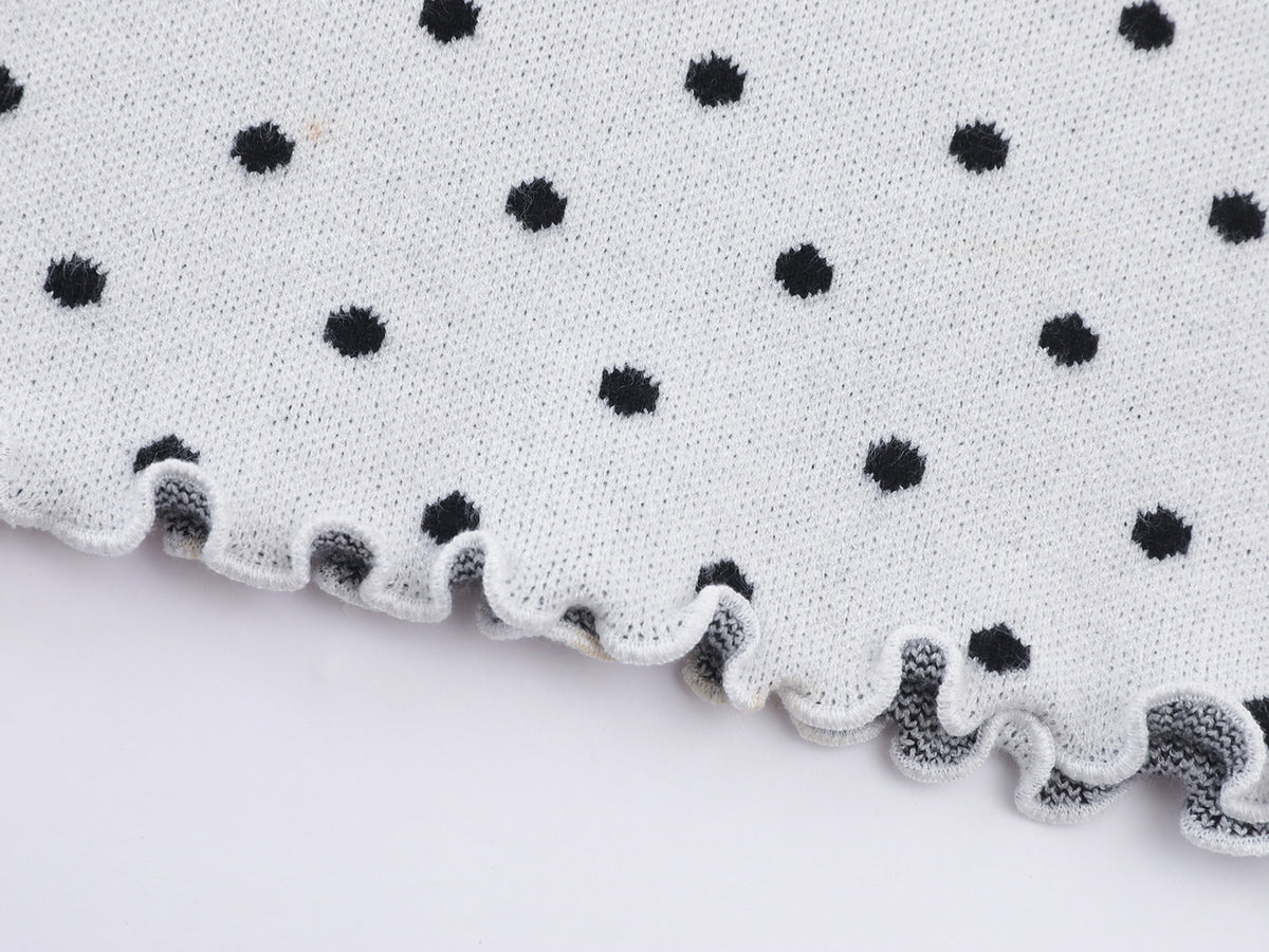 Polka Dot Mock Neck Knit Sweater Top with Cat Embroidery & Lettuce Hem