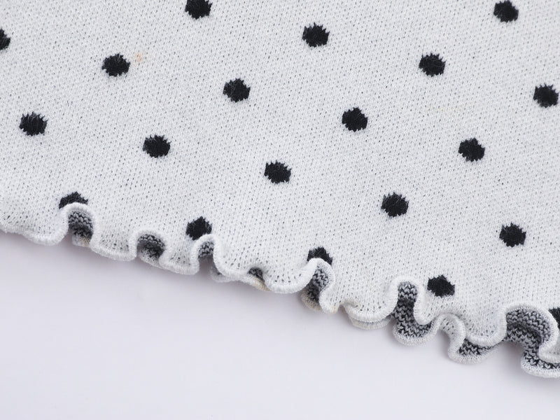 Polka Dot Mock Neck Knit Sweater Top with Cat Embroidery & Lettuce Hem